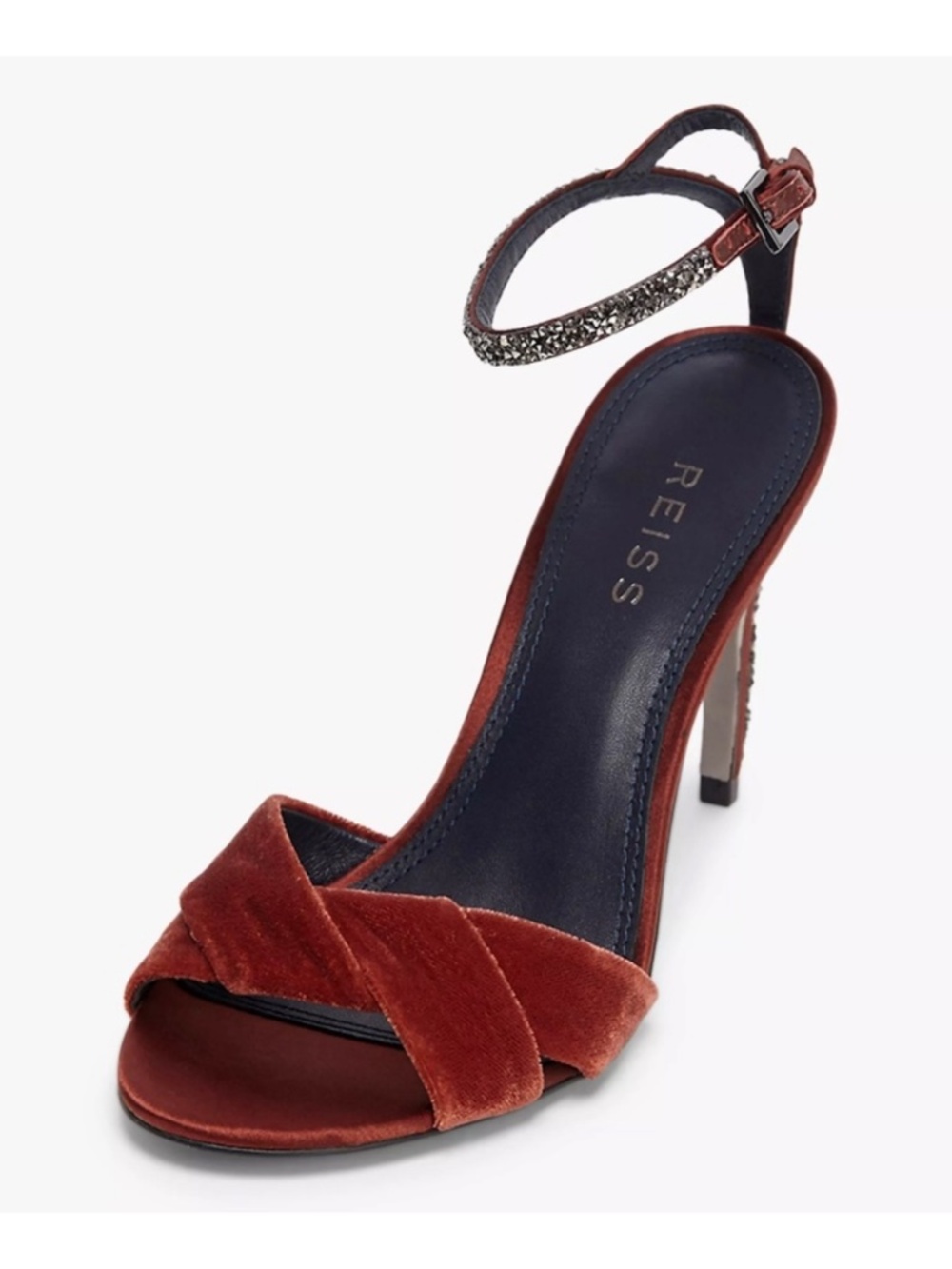 Reiss Hayden Velvet Stiletto Heel Sandals, Red Chestnut